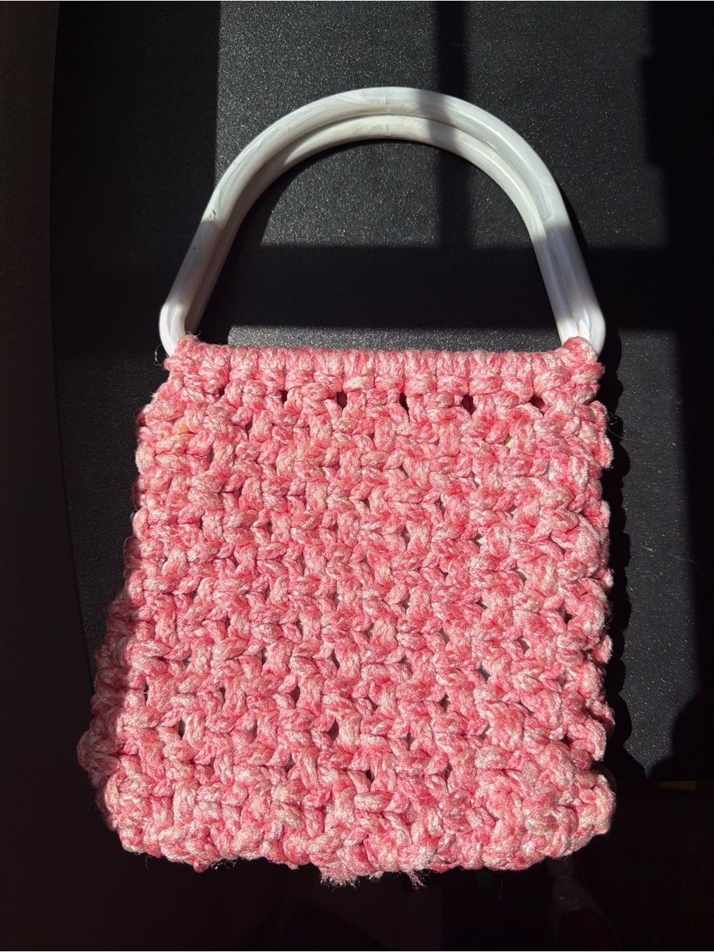 Vintage Handmade Crocheted Pink Handbag Floral Lines Plastic Marble Handles